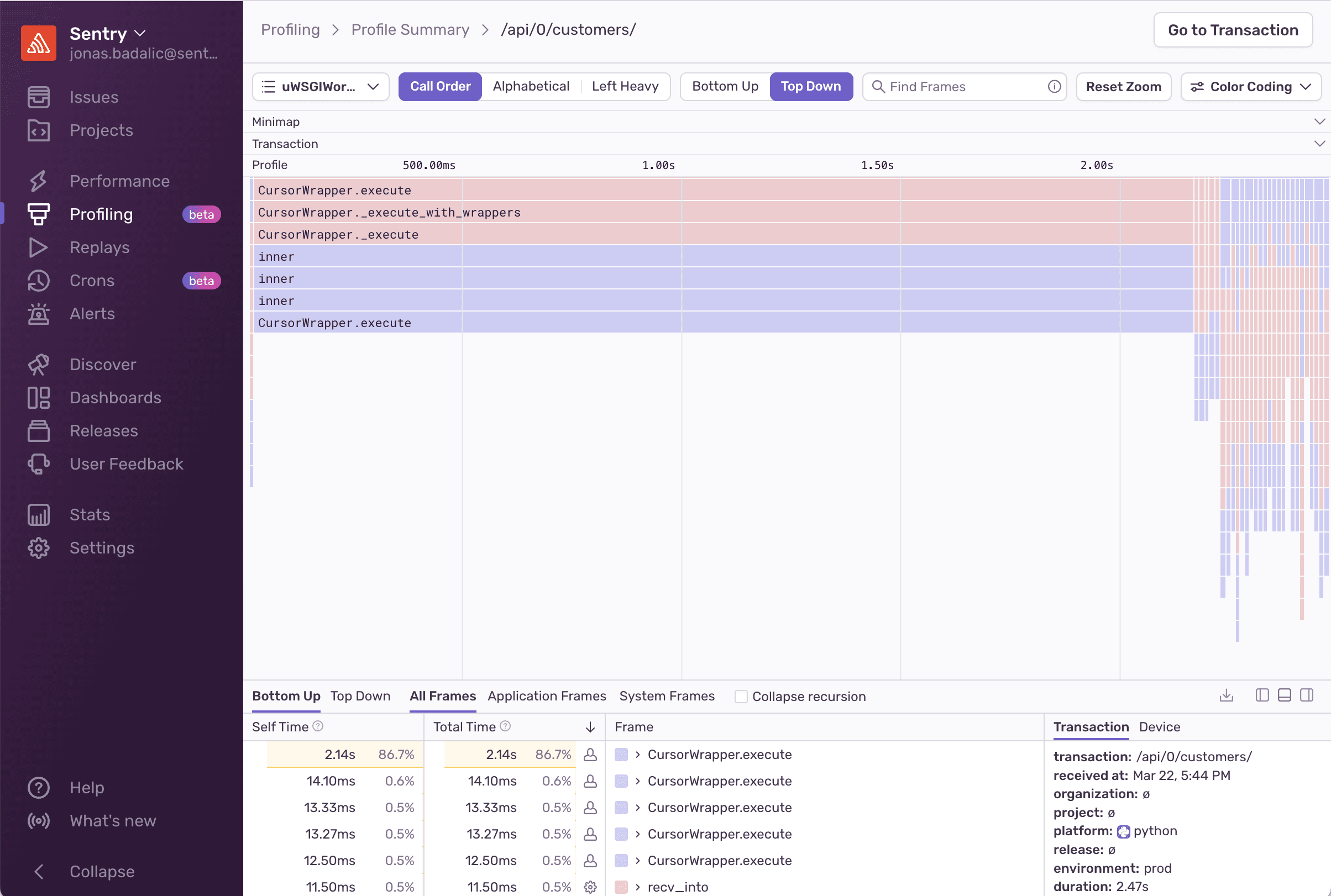 Profiling details page with a flame graph